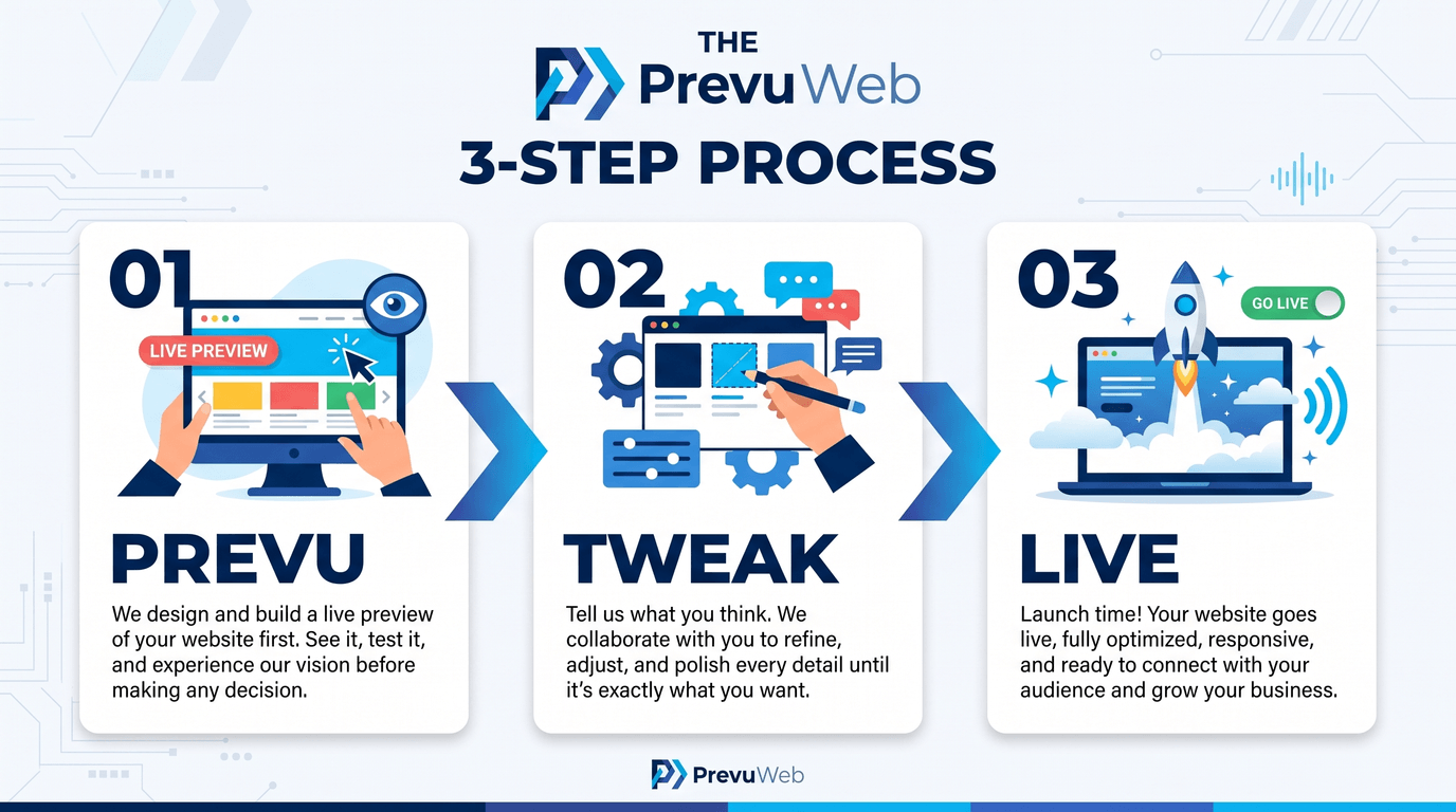 The Prevu Web process artwork — three illustrated steps titled Prevu, Tweak and Live, separated by chevrons, with a Prevu wordmark and a navy-to-cyan colour bar at the foot.